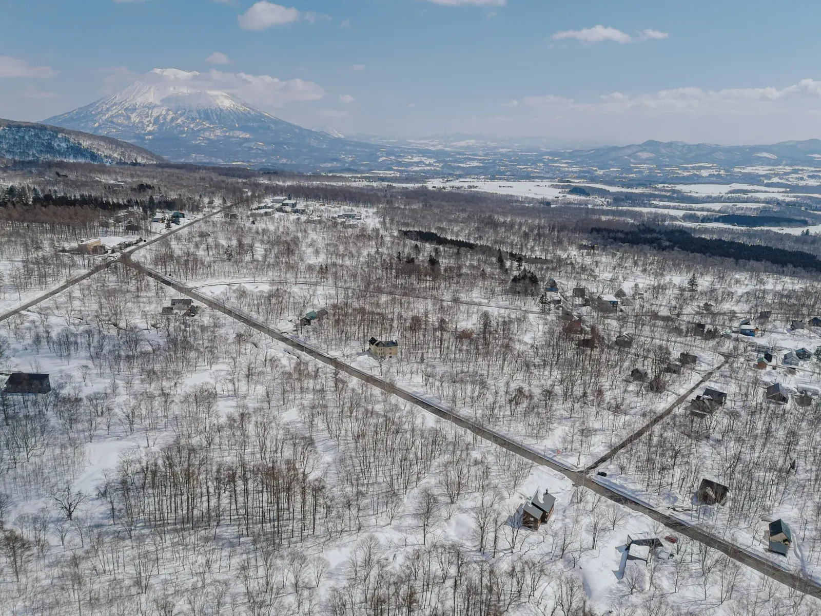Aerial view of snow-covered forest and holiday homes near Kutchan, with the Niseko mountains behind